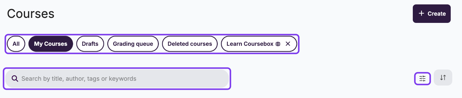 Courses page with the All, My Courses, Drafts, Grading queue, Deleted courses and custom tabs, the search bar and the filter icon outlined