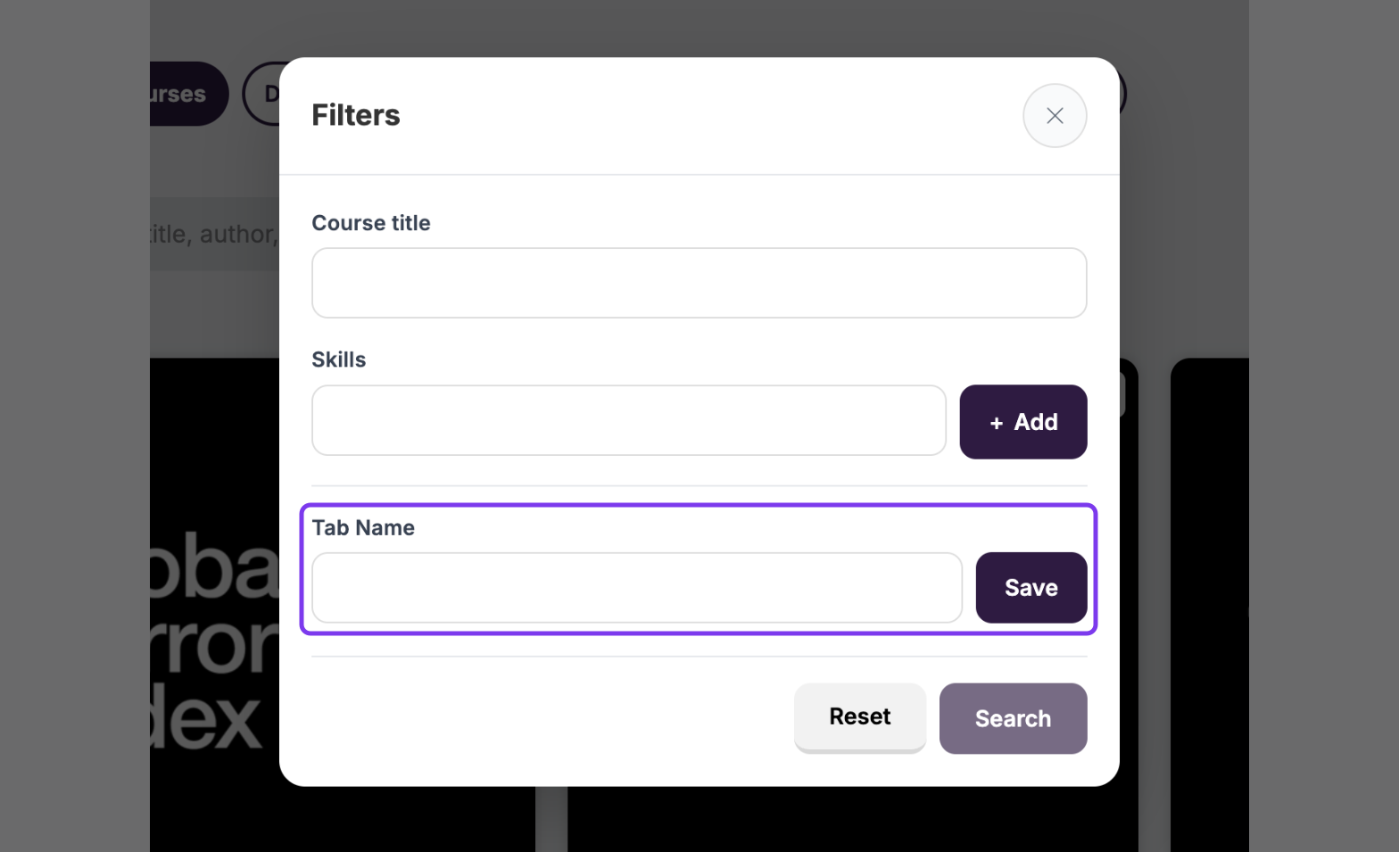 Filters window with Course title, Skills and Add, and the Tab Name field and Save button outlined