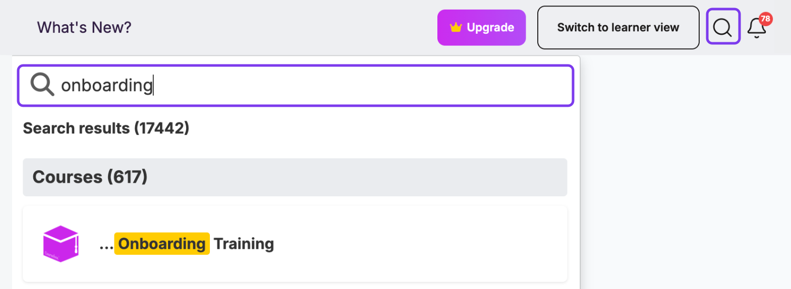 Top bar with the magnifying glass and the search field outlined, showing grouped results with the keyword highlighted