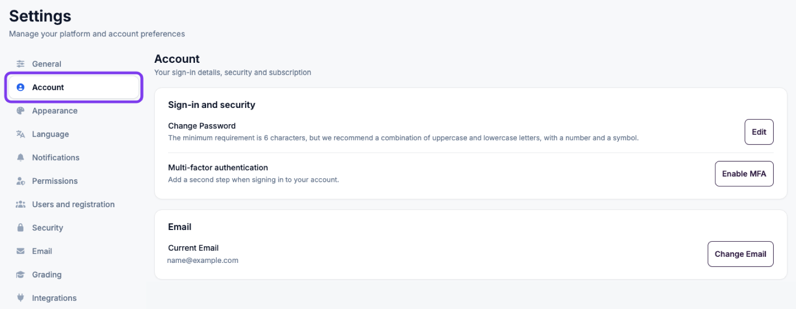 Settings page with Account selected in the left-hand menu and outlined