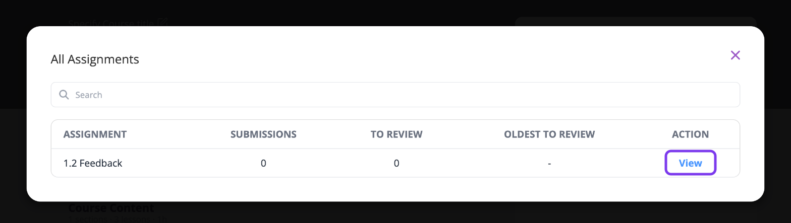 All Assignments window listing an assignment with Submissions, To review and Oldest to review, with View outlined