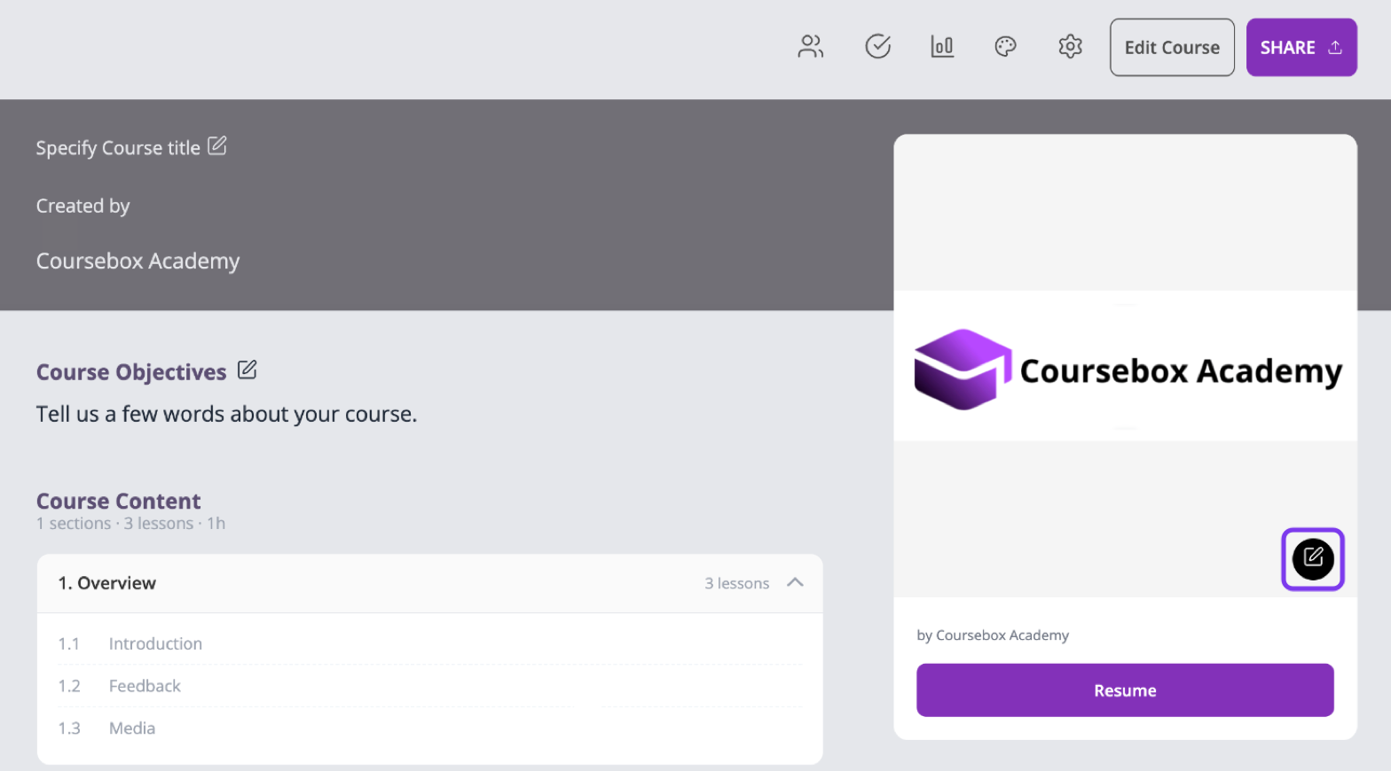 Course page with the edit icon on the cover image outlined