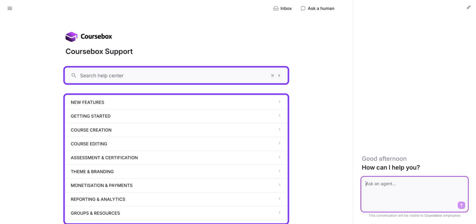 Coursebox Support help centre with the Search help center box and the article categories outlined