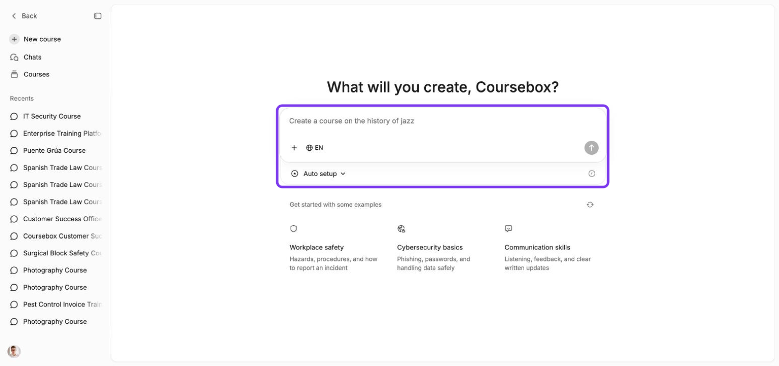 What will you create? page with the prompt box, the + button, the EN language selector and Auto setup outlined