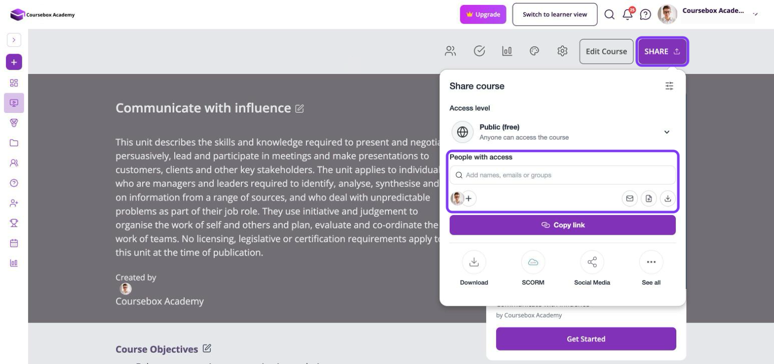 Share course panel with the Share button and the People with access section outlined