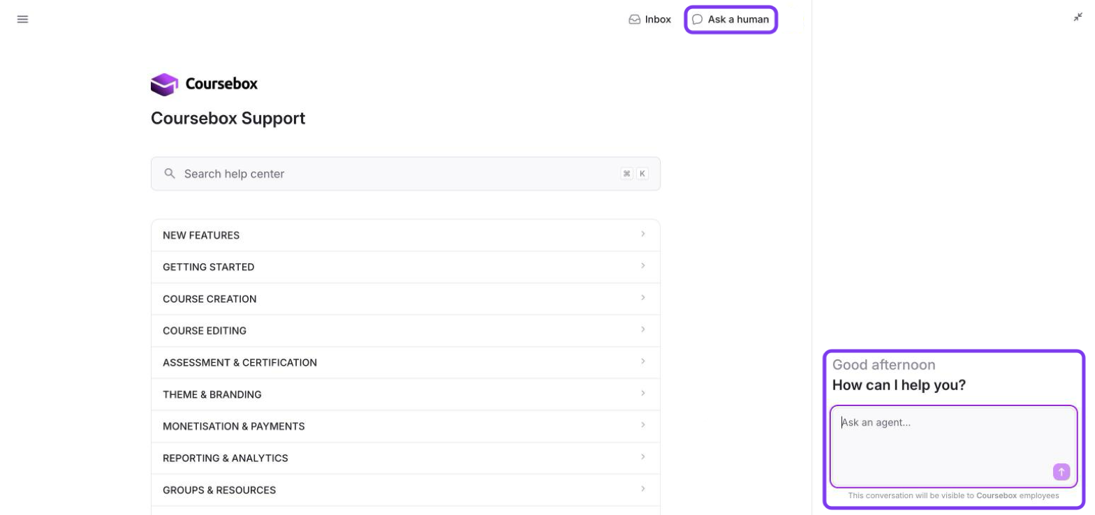 Coursebox Support help centre with Ask a human and the Ask an agent box outlined