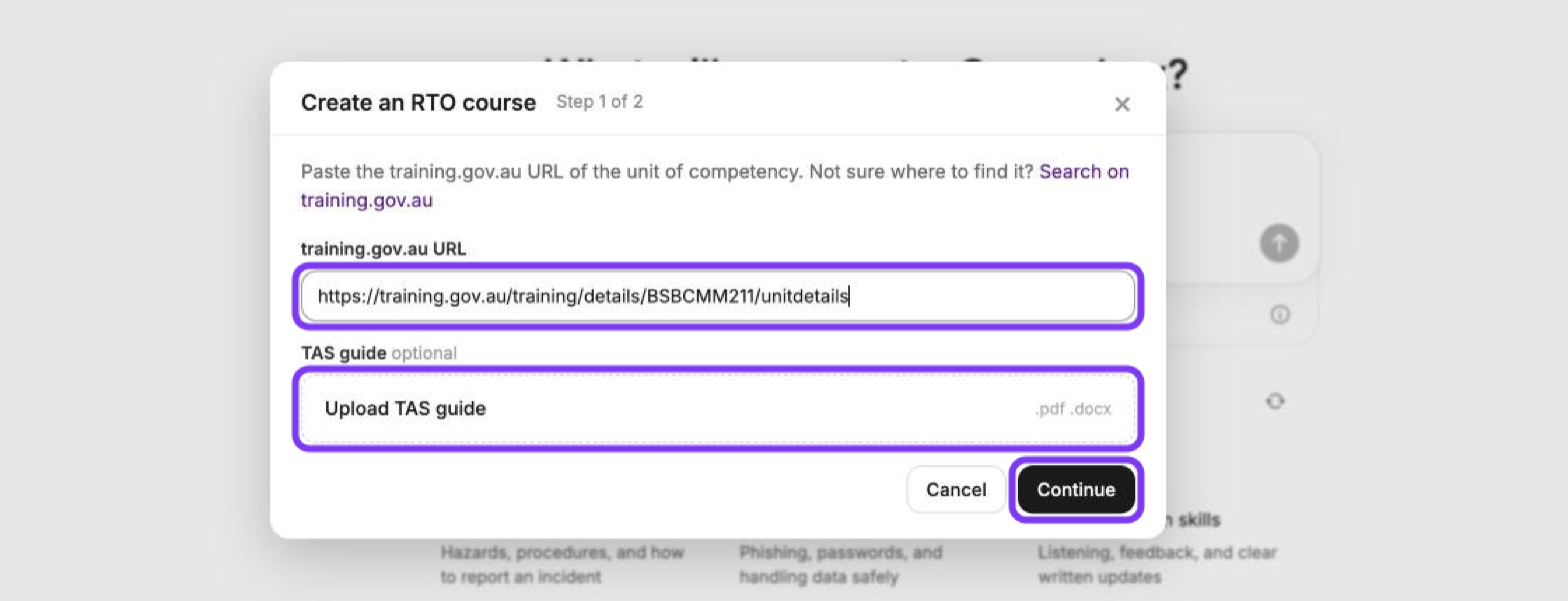 Create an RTO course window, Step 1 of 2, with the training.gov.au URL field, Upload TAS guide and Continue outlined