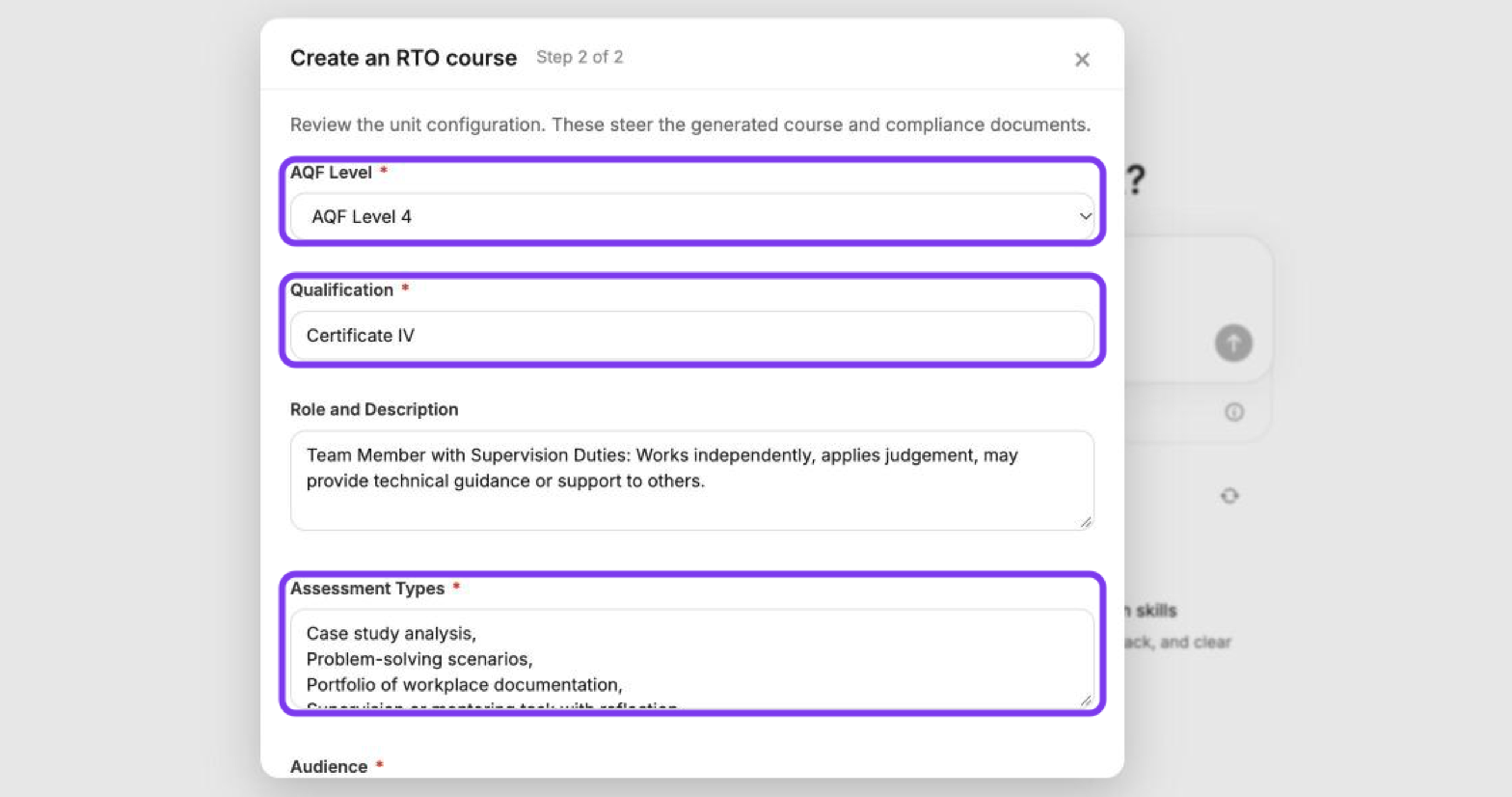 Create an RTO course window, Step 2 of 2, with the AQF Level, Qualification and Assessment Types fields outlined