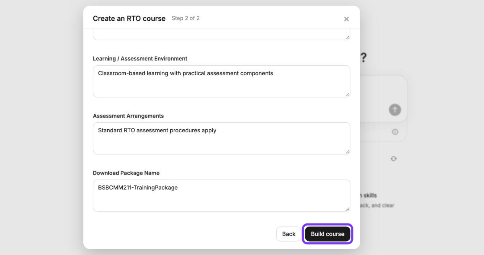 Bottom of Step 2 of 2 with the Learning / Assessment Environment, Assessment Arrangements and Download Package Name fields and the Build course button outlined