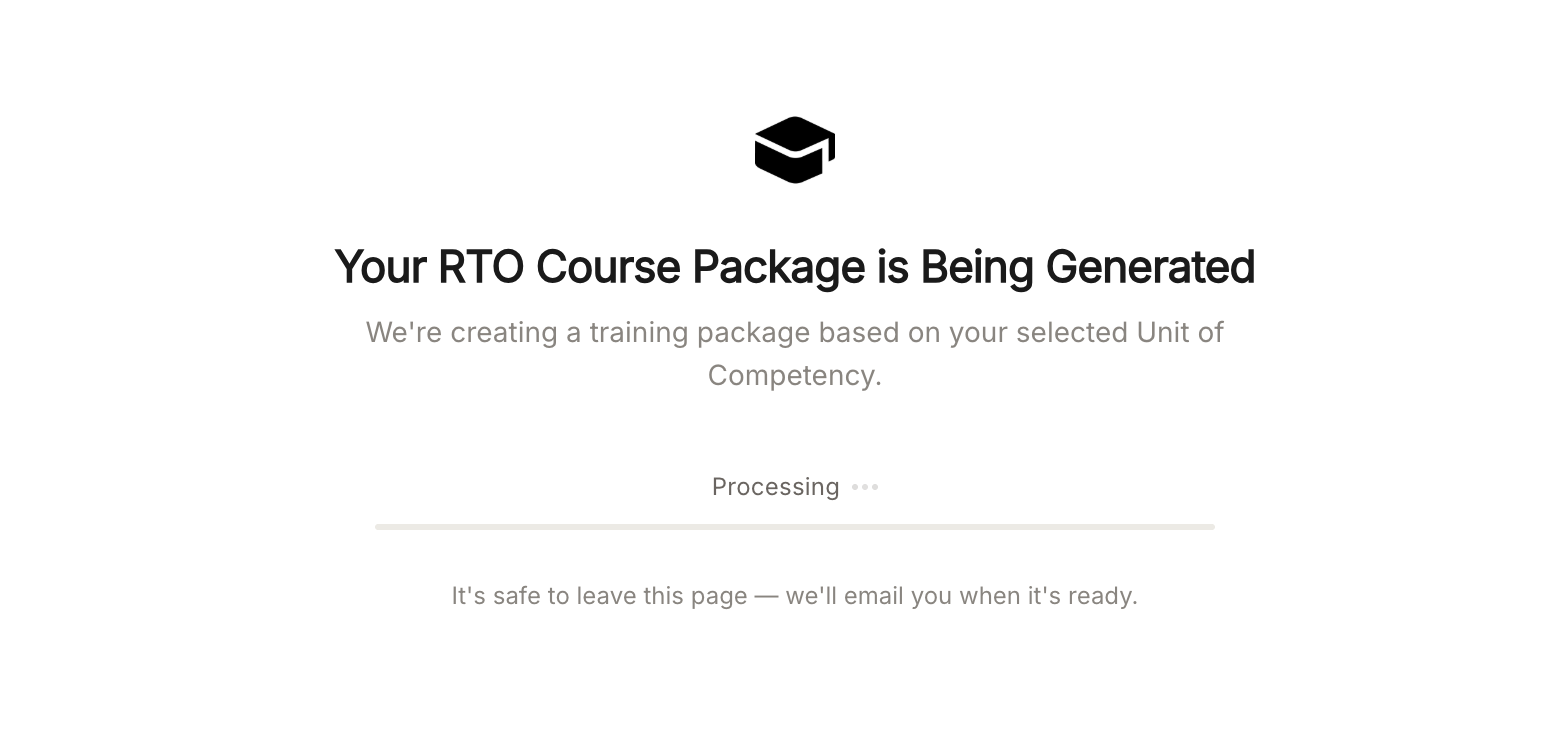 Your RTO Course Package is Being Generated screen with the Processing bar and a note that Coursebox emails you when it is ready