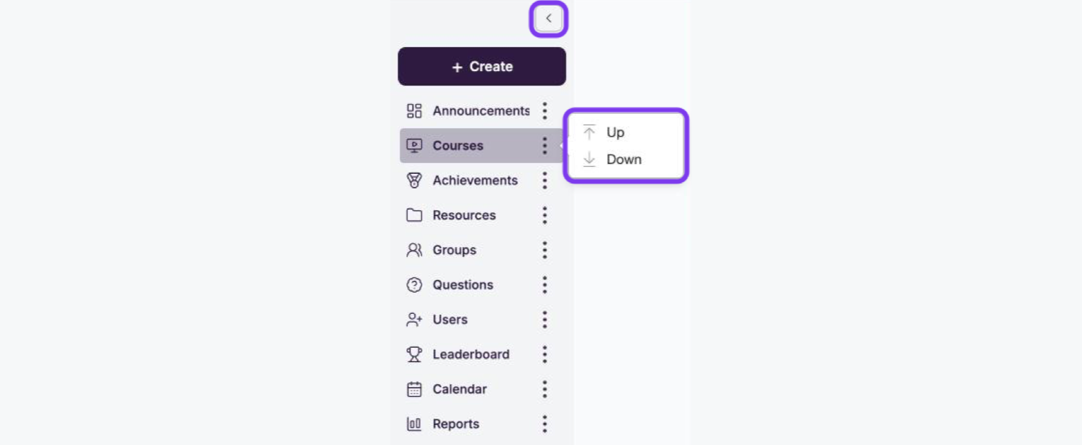 Left-hand menu with the collapse arrow and the item menu on Courses, showing Up and Down, outlined