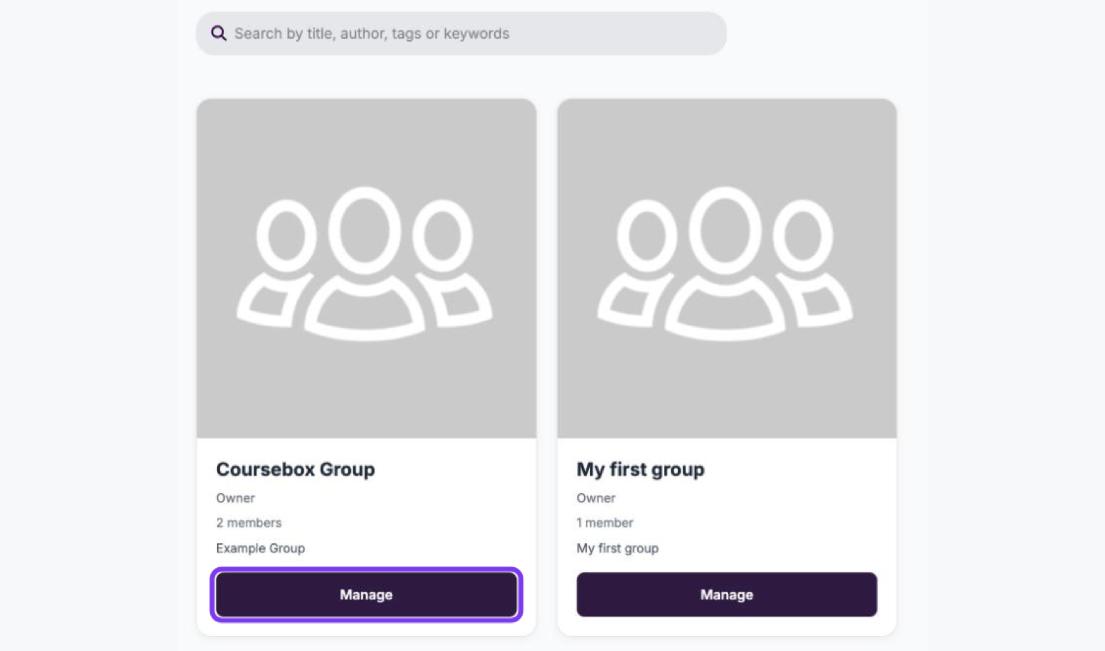 Groups page with Group cards and the Manage button outlined