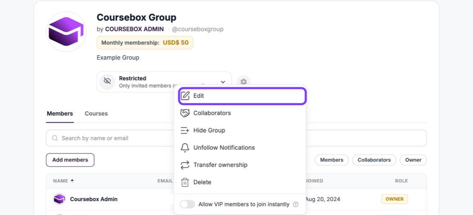 Group gear menu open with Edit outlined