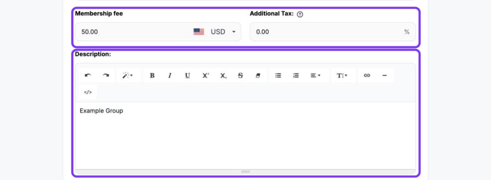 Group Edit form with the Membership fee, currency, Additional Tax and Description fields outlined