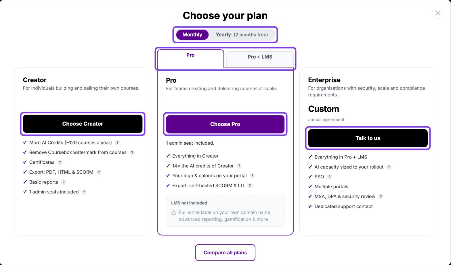 Choose your plan window with the Monthly and Yearly switch, the Pro and Pro + LMS tabs, and the Choose Creator, Choose Pro and Talk to us buttons outlined
