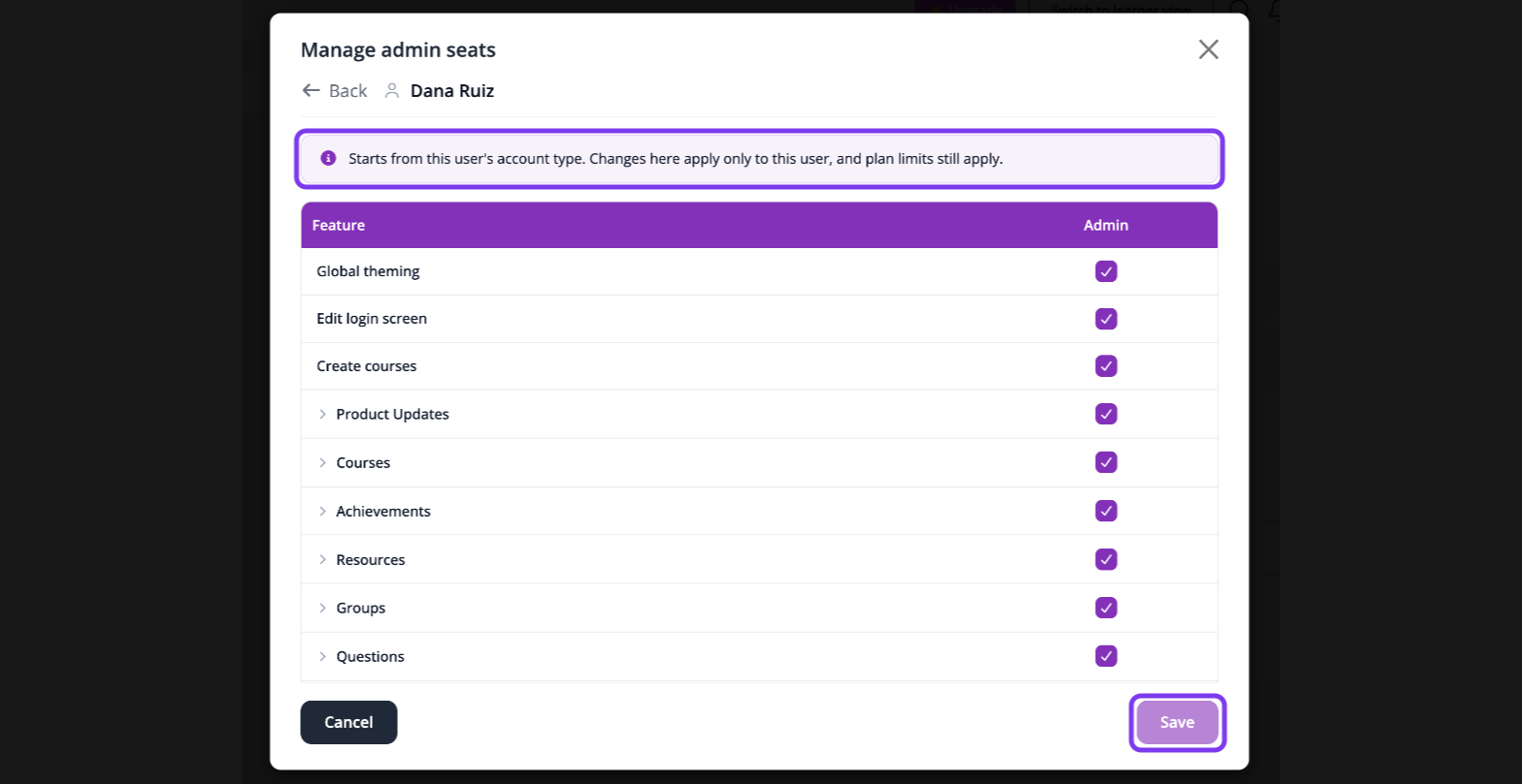 Permissions for one admin in the Manage admin seats window, with the note that changes apply only to this user and the Save button outlined