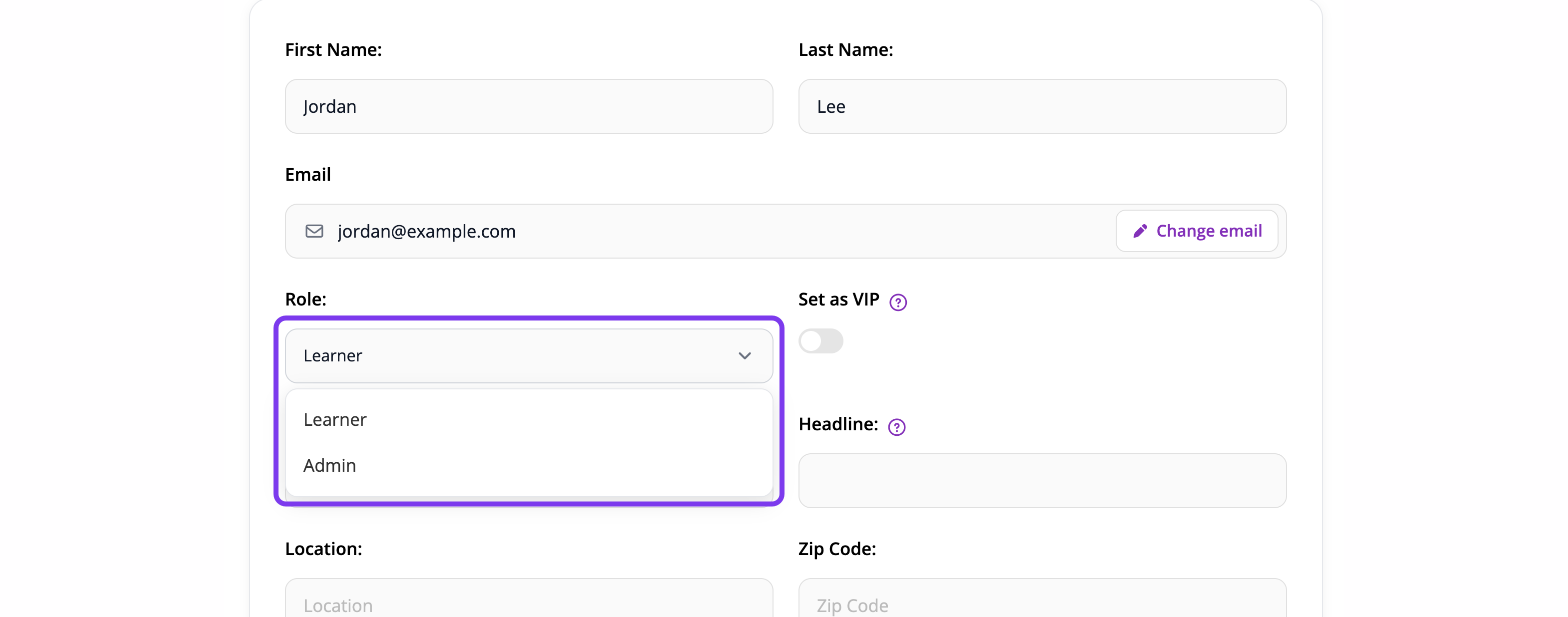 Profile edit form with the Role dropdown open showing Learner and Admin