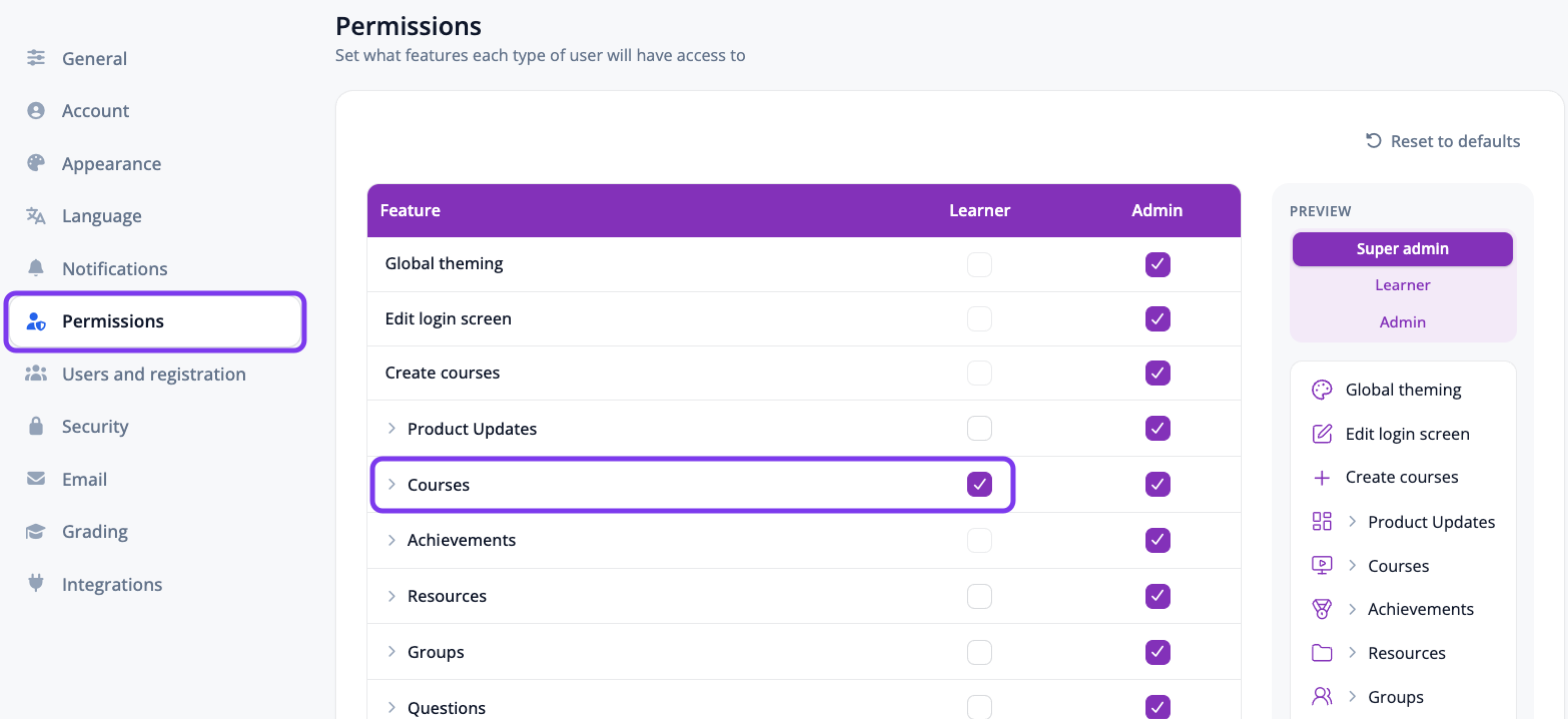 Settings Permissions page with Permissions highlighted in the left-hand menu and the Courses row's Learner checkbox highlighted