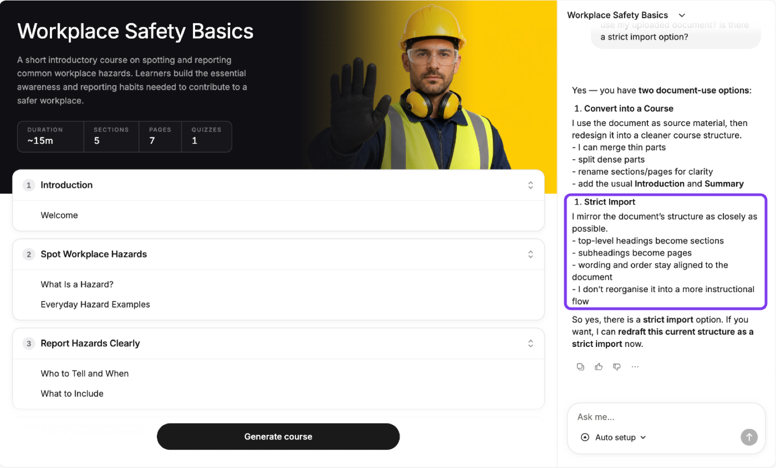 Course creation chat with the AI explaining the two document-use options, Convert into a Course and Strict Import, with Strict Import outlined