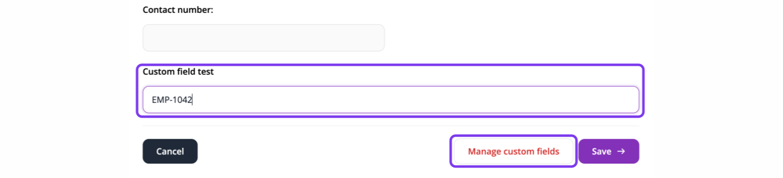 Bottom of the profile edit form with a value entered in a custom field and the Manage custom fields button outlined
