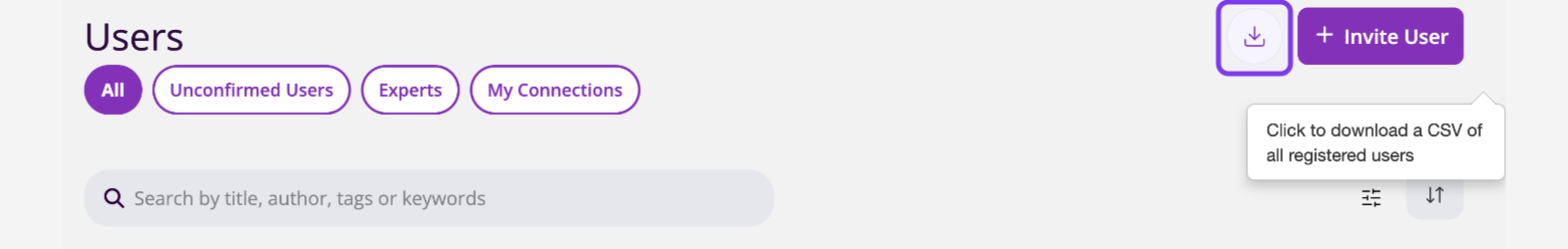 Users page with the download icon next to Invite User outlined and its tooltip, Click to download a CSV of all registered users