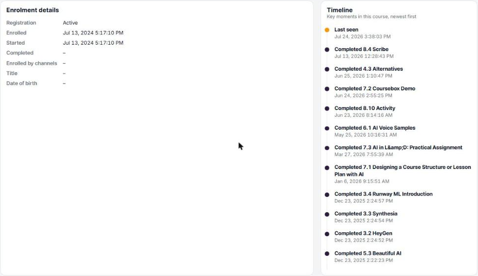 Enrolment details and Timeline on a learner report