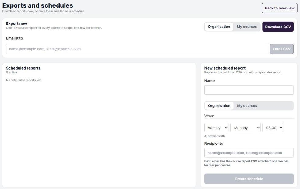 Exports and schedules page with Export now, Scheduled reports and New scheduled report