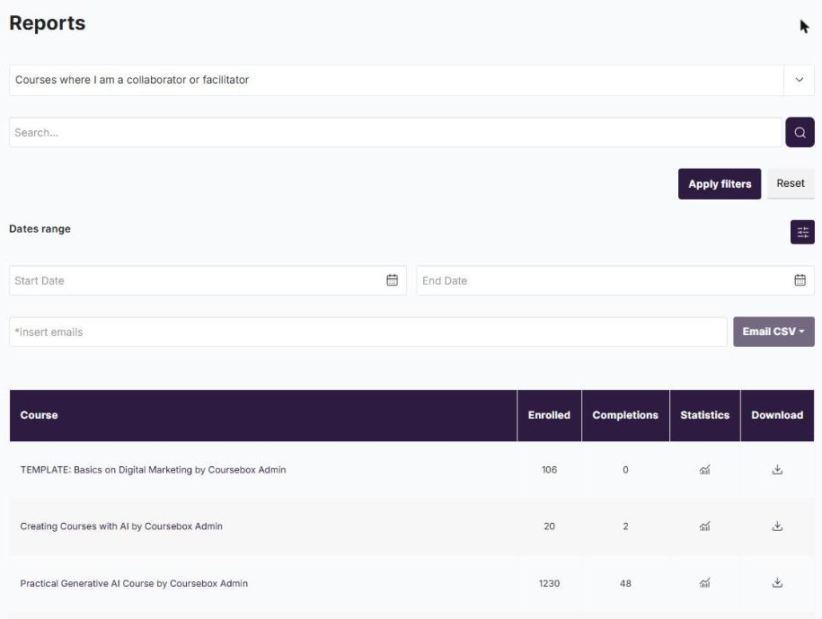 Classic reports page with the report type dropdown, date range, Email CSV and course table