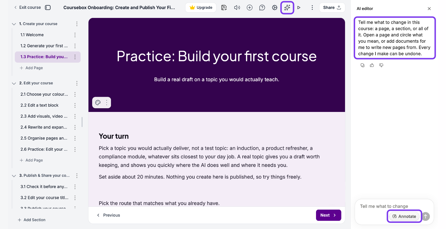 Course editor with the AI Editor sparkle icon, the AI editor panel message and the Annotate button outlined