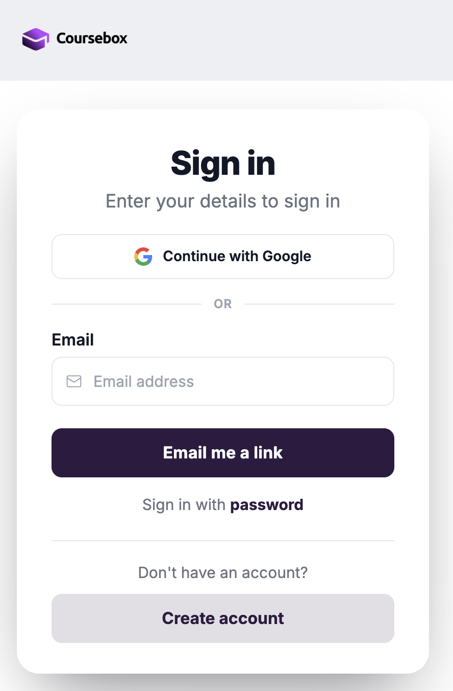 Sign in page with Continue with Google, Email me a link and Create account