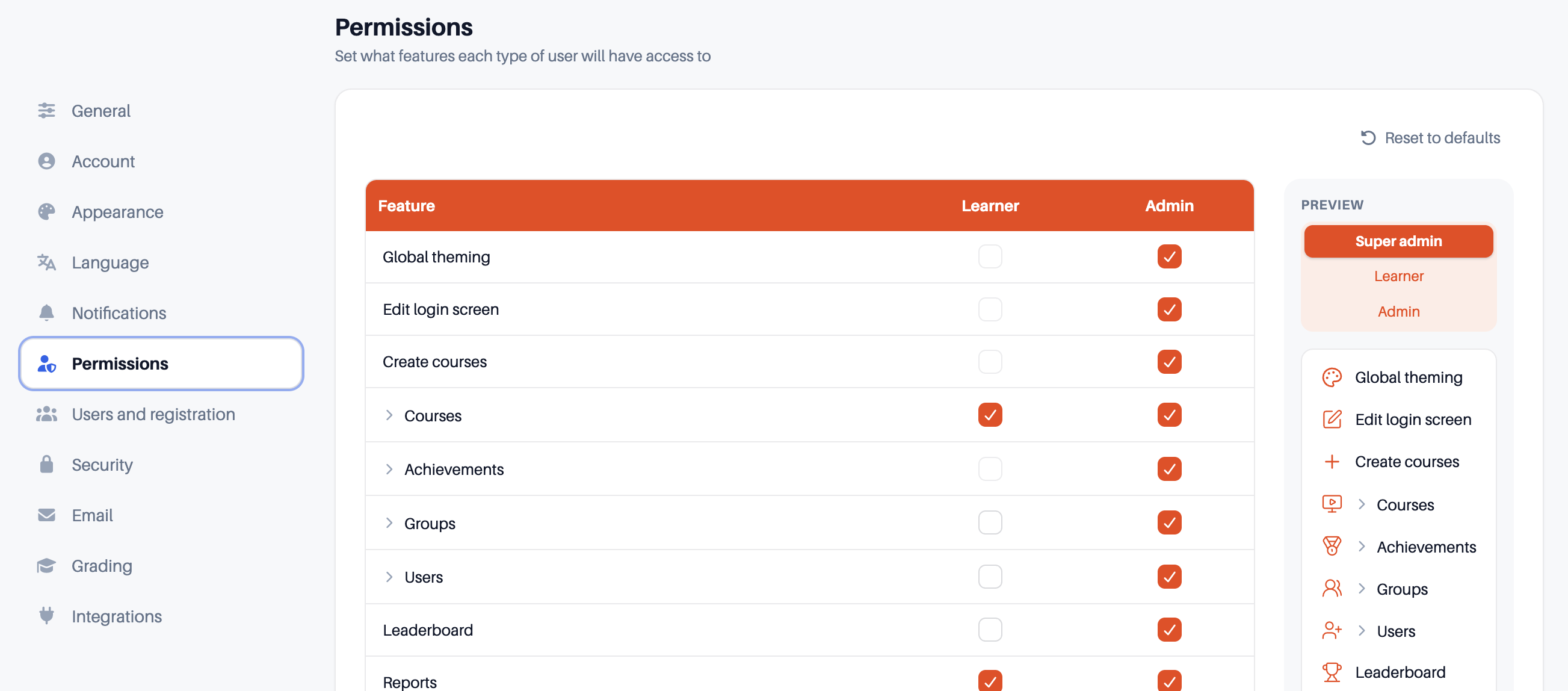 Settings, Permissions page with features ticked for Learner and Admin