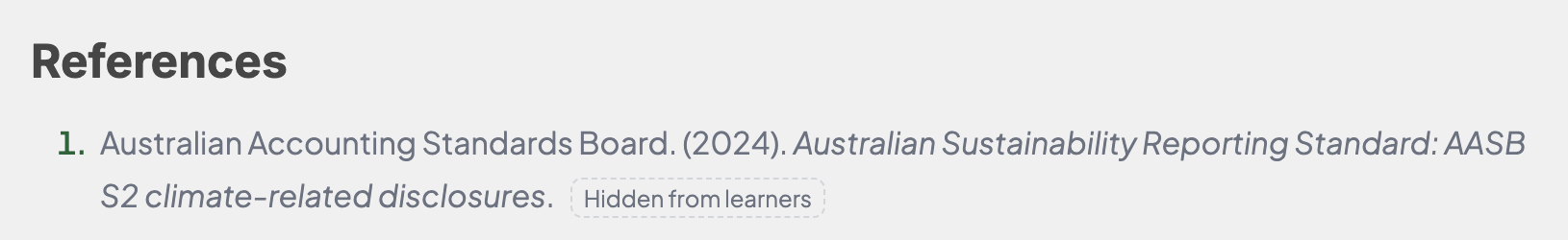 References list at the end of a page, marked Hidden from learners