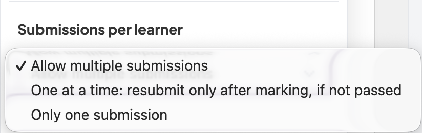 Submissions per learner options: Allow multiple submissions, One at a time, Only one submission