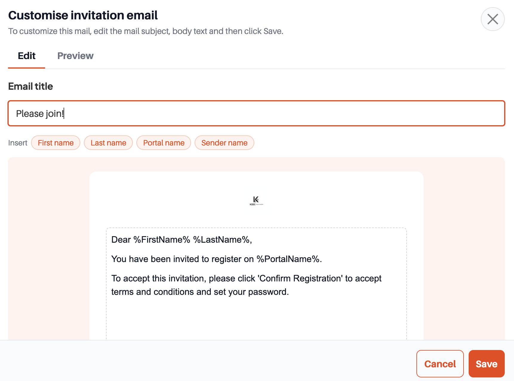Customise invitation email with Edit and Preview tabs and Insert options