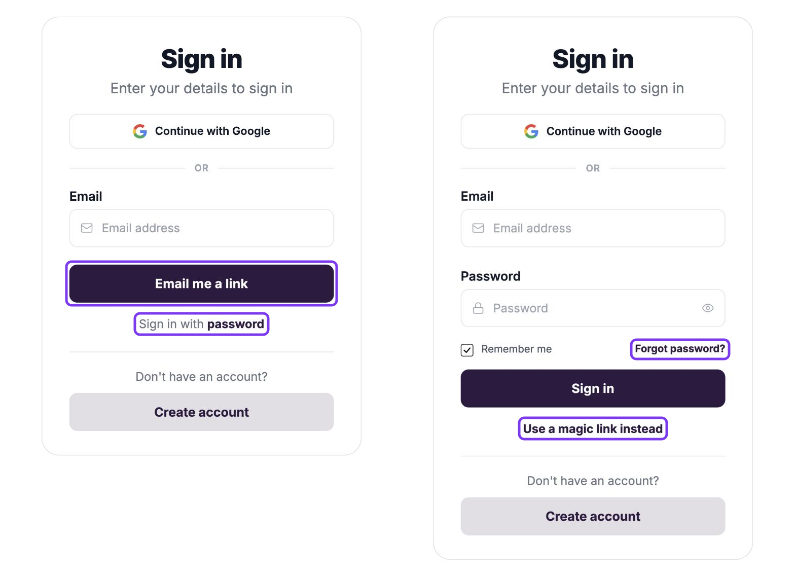 Sign in form with Email me a link and Sign in with password outlined, next to the password view with Forgot password? and Use a magic link instead outlined