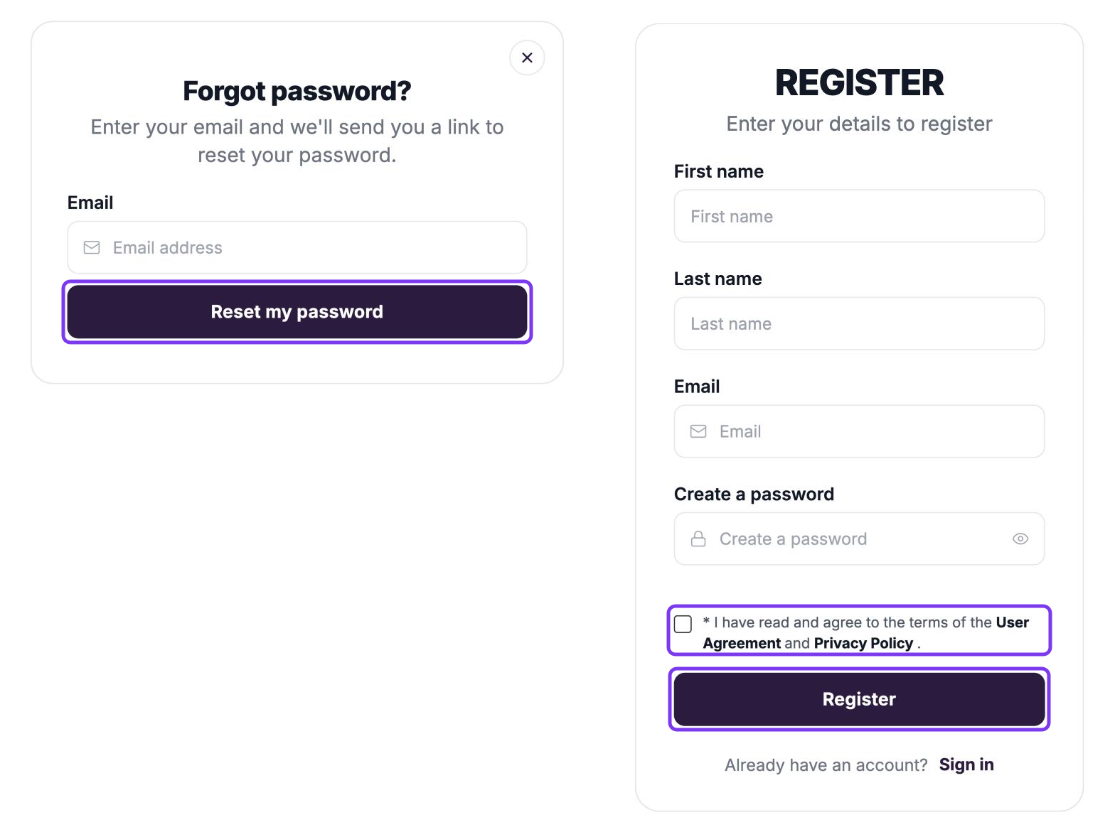 Forgot password? window with Reset my password outlined, next to the Register form with the agreement tick box and Register button outlined