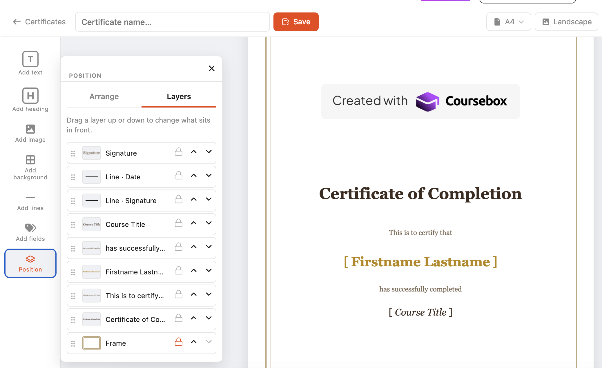Certificate editor with the Position panel open on the Layers tab