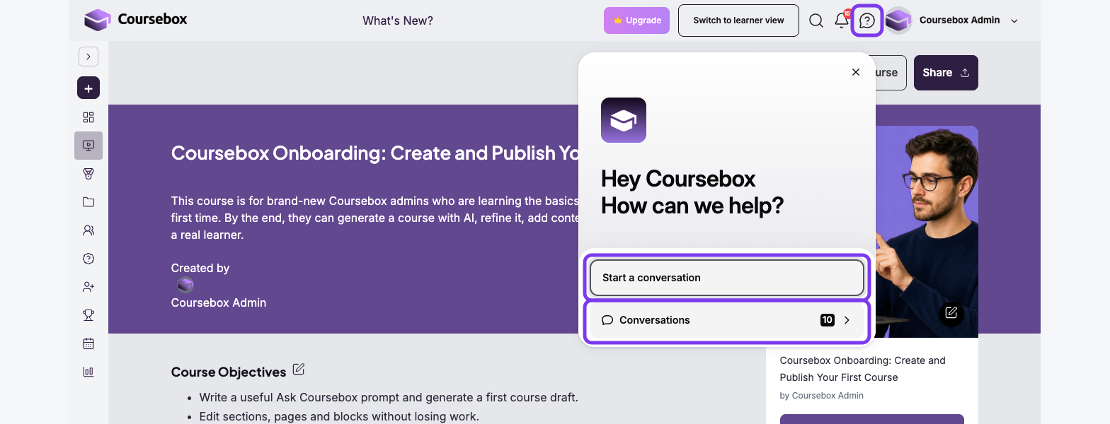 Coursebox support icon in the top bar outlined, with the support panel open and Start a conversation and Conversations outlined