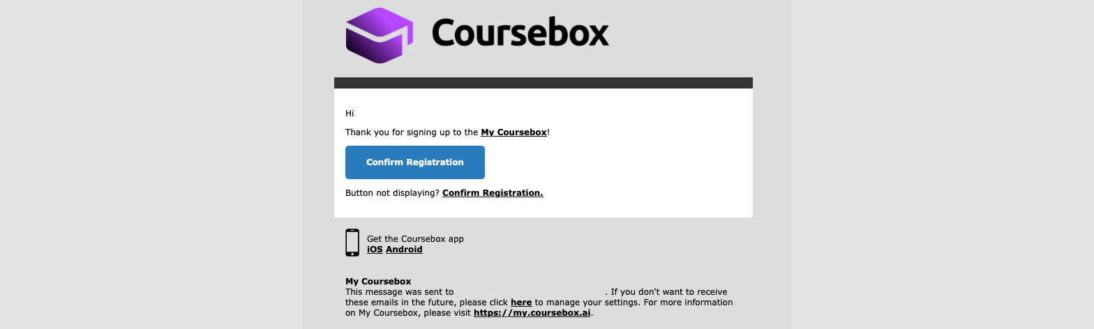 Confirm Registration email from My Coursebox with the Confirm Registration button