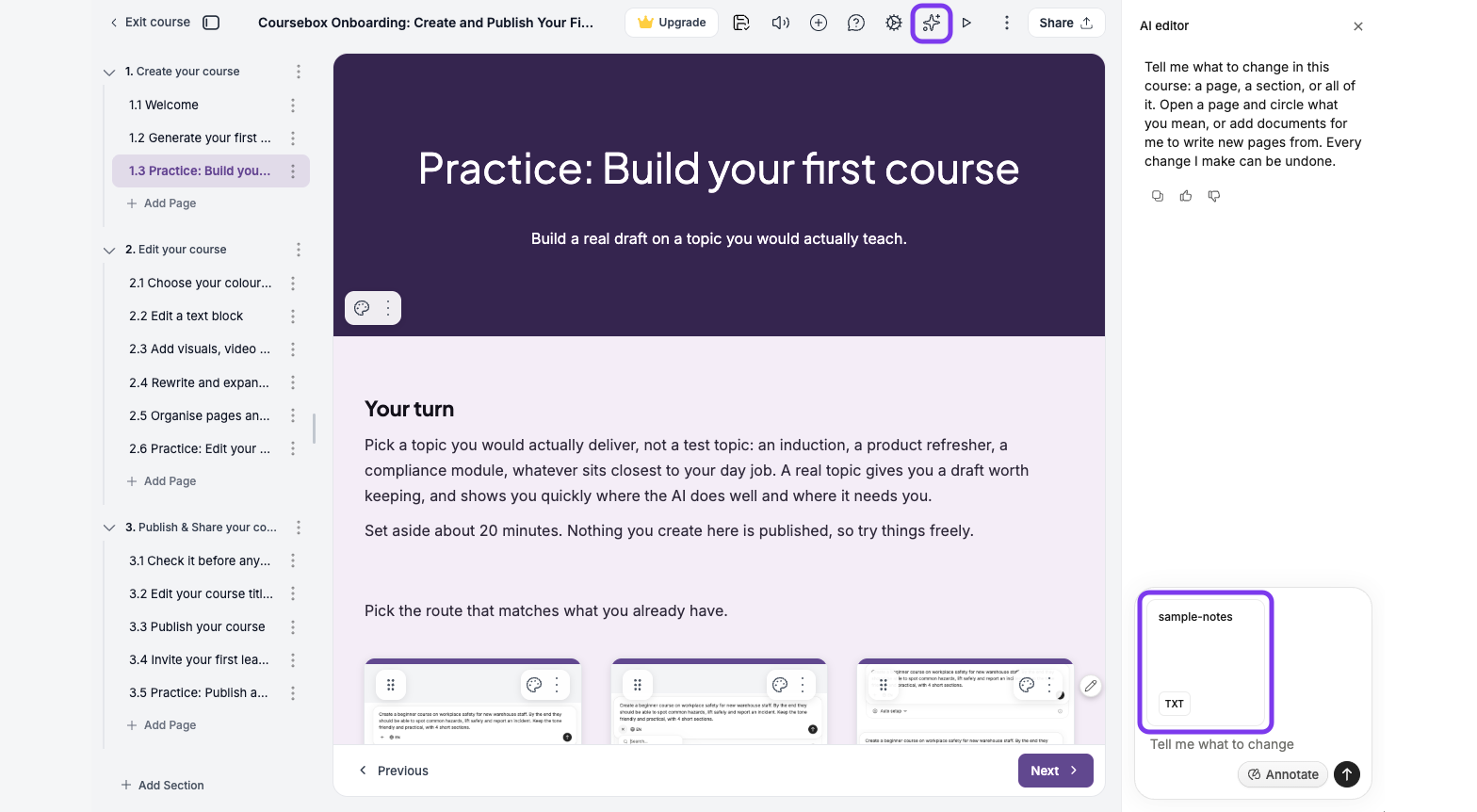 Course editor with the AI Editor sparkle icon and a document dragged onto the Tell me what to change box, shown as a file card, outlined