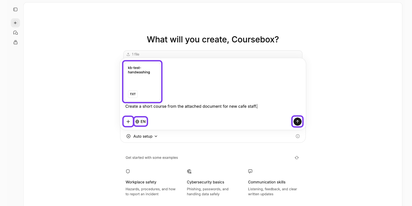 What will you create? prompt box with an attached document card, the + button, the EN language selector and the send arrow outlined