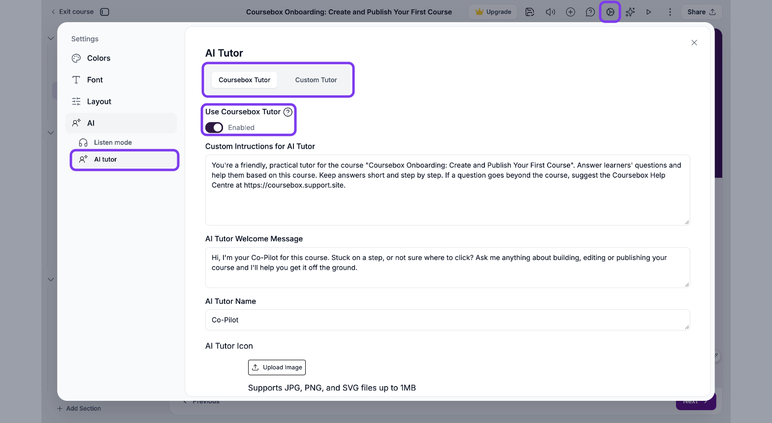 Course settings window with the gear icon, AI tutor under AI, the Coursebox Tutor and Custom Tutor tabs and the Use Coursebox Tutor switch outlined