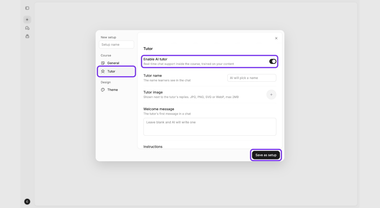 New setup window on the Tutor tab with Tutor, Enable AI tutor and Save as setup outlined
