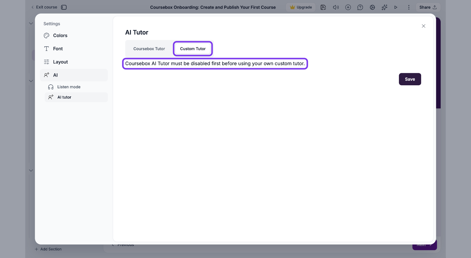 AI tutor settings on the Custom Tutor tab, with the message that the Coursebox AI Tutor must be disabled first outlined