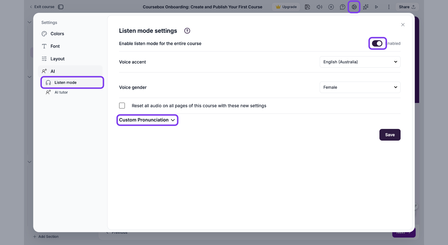 Course settings window with the gear icon, Listen mode under AI, the Enable listen mode switch and Custom Pronunciation outlined