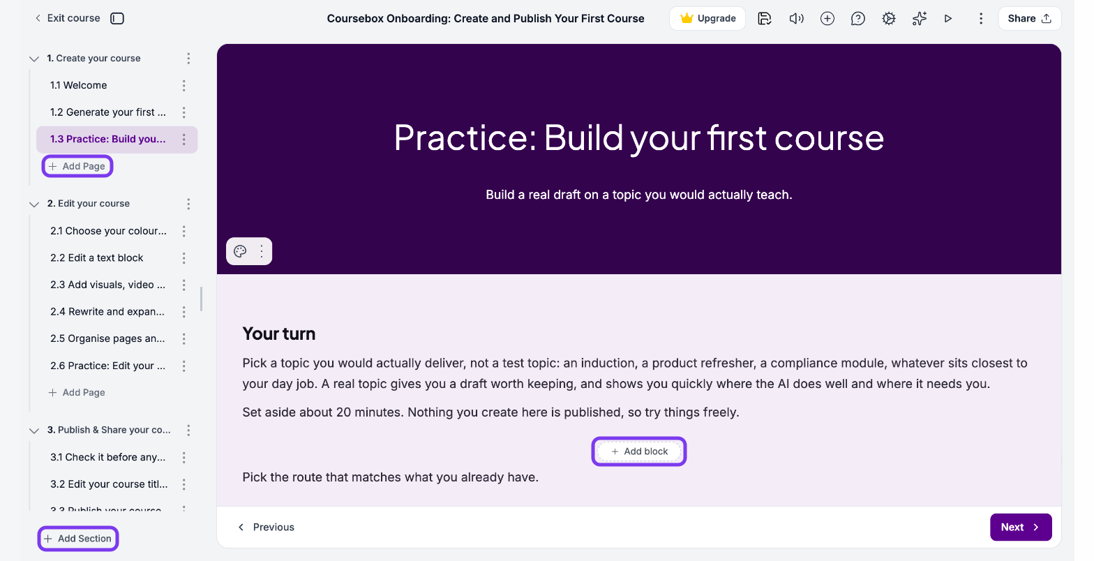 Course editor with the course outline on the left, Add Page, Add Section and the Add block button between blocks outlined