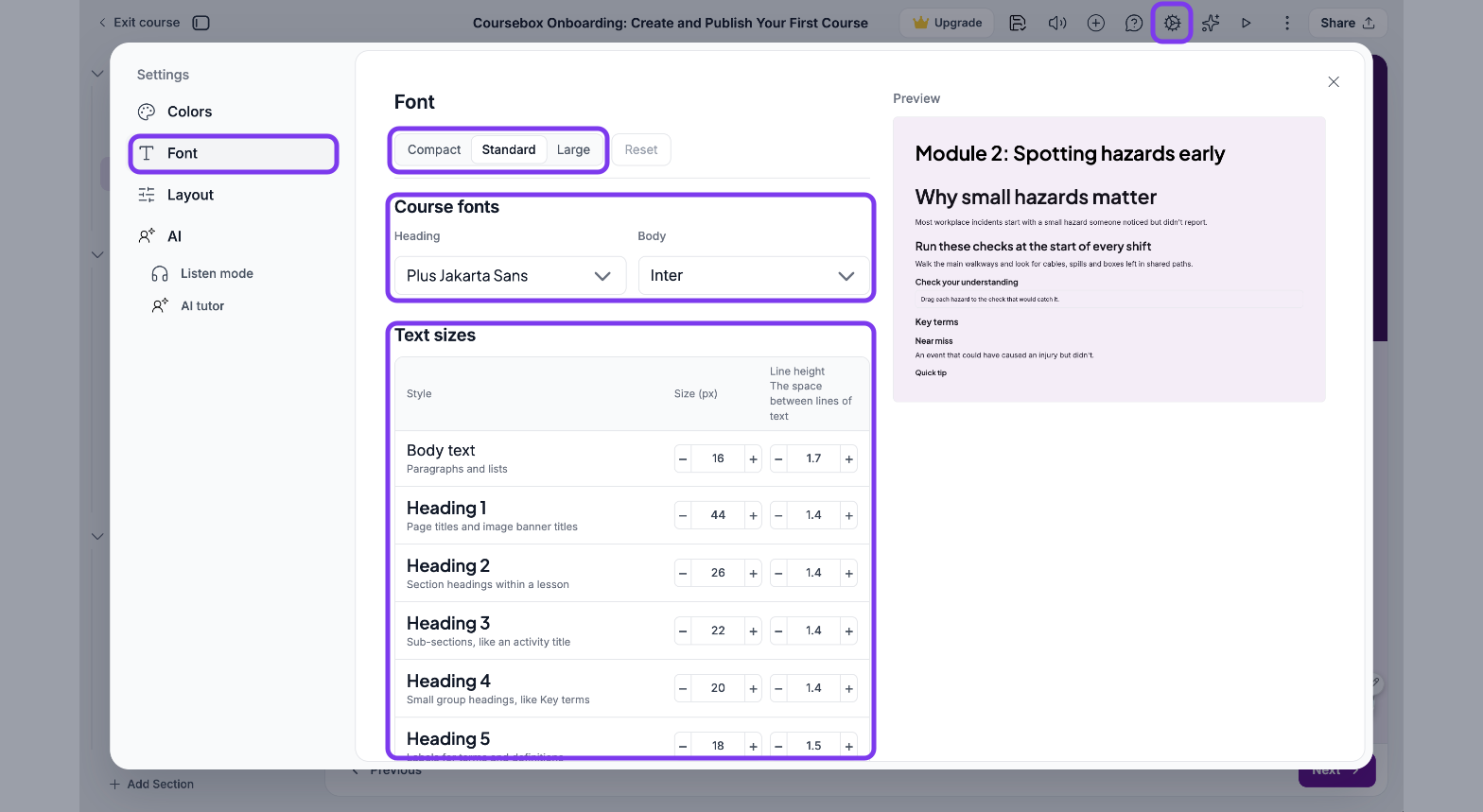 Course settings window on Font with the gear icon, Font, the Compact, Standard and Large presets, Course fonts and Text sizes outlined
