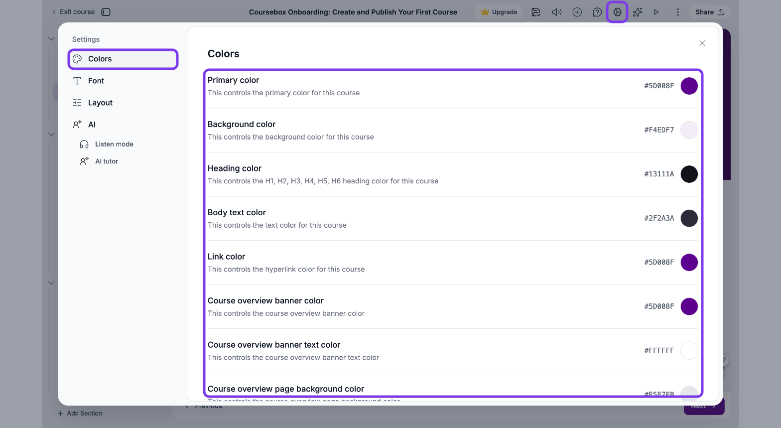 Course settings window on Colors with the gear icon, Colors and the course colour options outlined