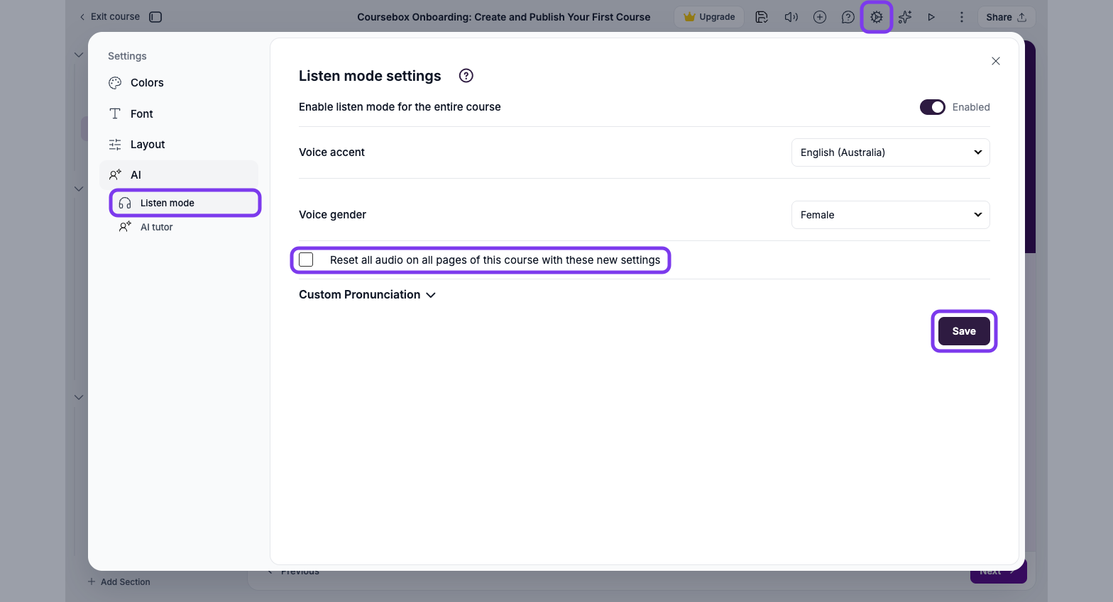 Listen mode settings with the gear icon, Listen mode, the Reset all audio on all pages of this course with these new settings tick box and Save outlined
