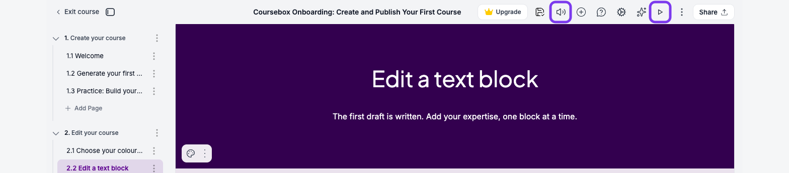 Course editor top toolbar with the Listen mode speaker icon and the Switch to learner view play icon outlined